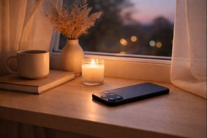 a calm evening scene with a phone resting face down beside a window, soft light