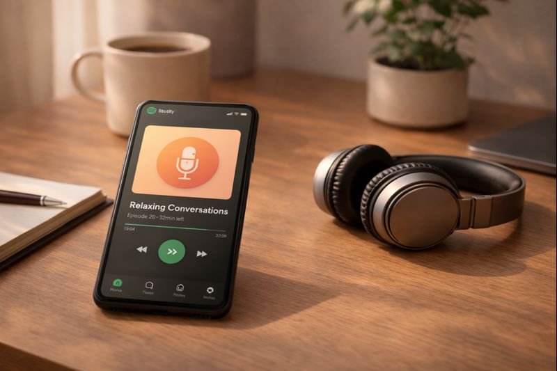 a calm listening scene with Spotify playing a podcast