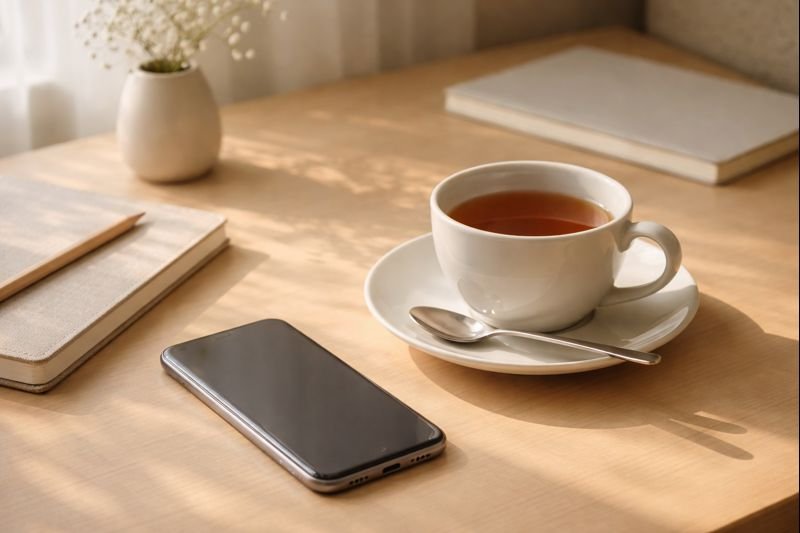 a calm, minimalist desk scene with a phone resting face down beside a cup of tea and soft morning light