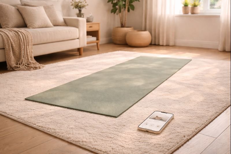 a calm, modern living room with a phone on the floor next to a yoga mat