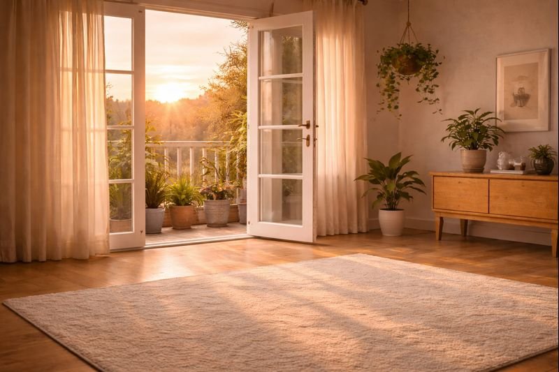 a calm sunset scene through a window, empty room