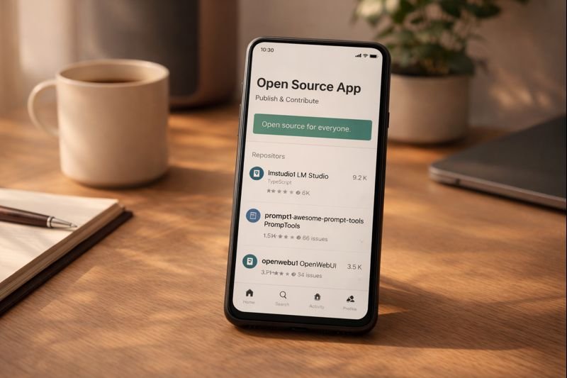 a calm workspace with an open-source app interface on a phone