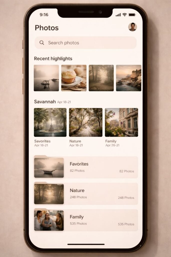 a clean Google-style gallery layout with local photos, muted colors