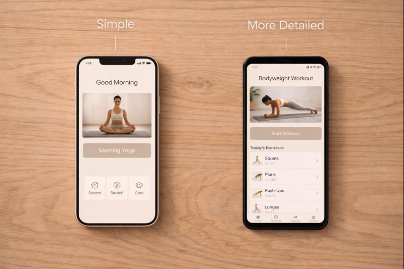 a clean comparison-style image with phones laid flat on a wooden surface