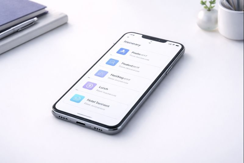 a clean mobile app interface with lots of white space, simple itinerary list, muted colors, no clutter