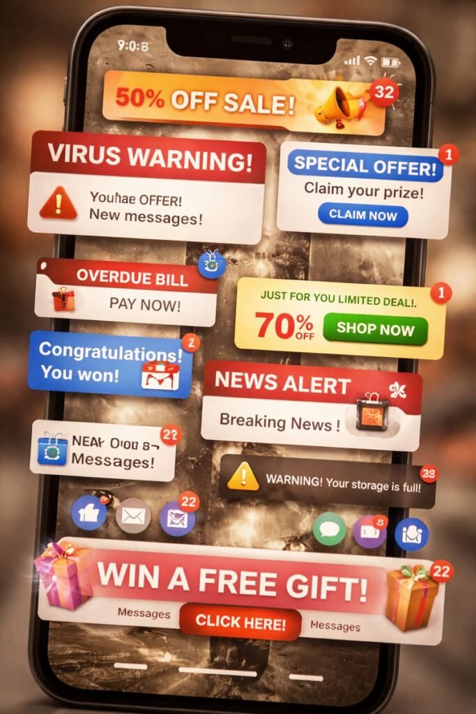 a cluttered phone screen filled with ads and notifications over photos, slightly blurred, feeling overwhelming