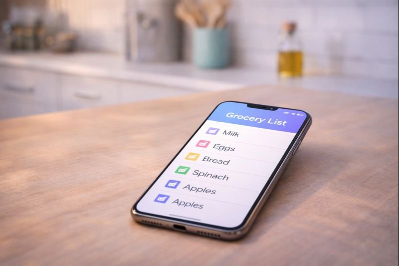 a colorful but calm grocery list interface on a phone, modern kitchen background