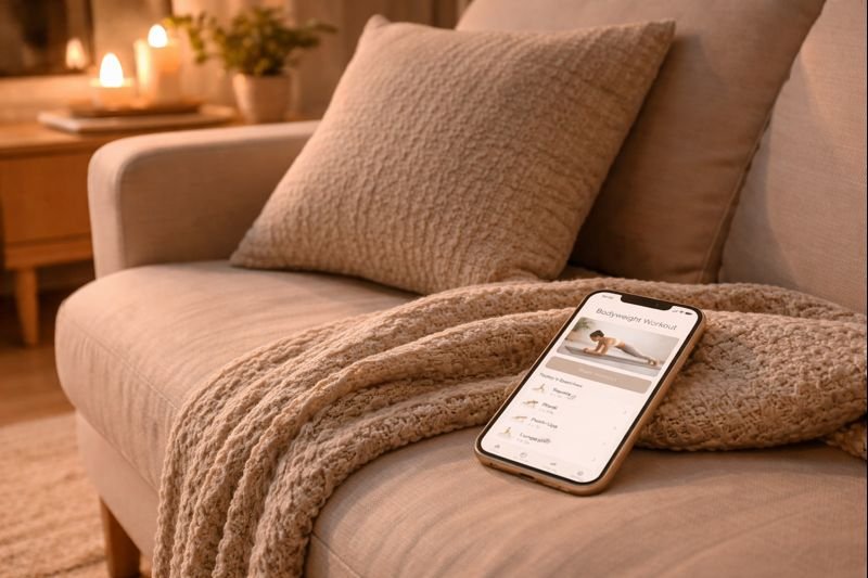a cozy apartment scene, evening light, phone on couch