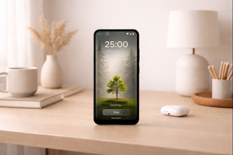a focus app showing a growing tree in a quiet forest scene