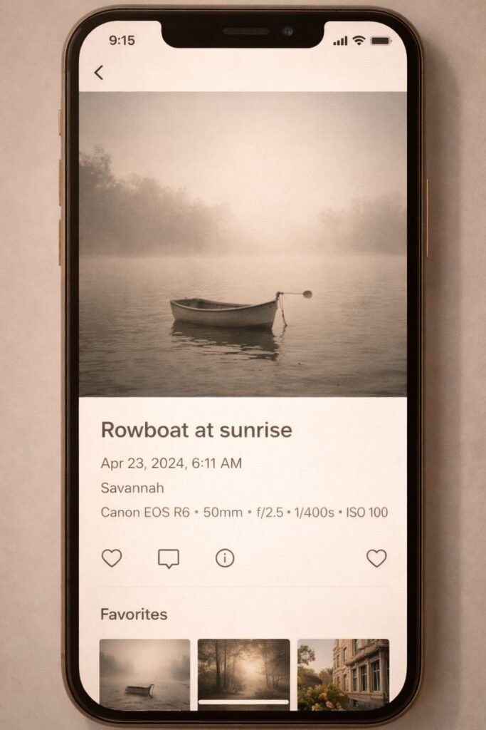 a gallery app showing photo details, metadata softly displayed