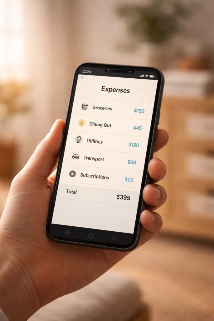a hand holding a phone with a simple, uncluttered expense list, soft background blur