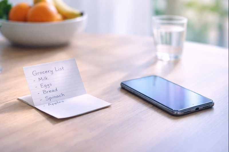 handwritten grocery note half folded on a kitchen table beside a phone, soft shadows, quiet domestic atmosphere