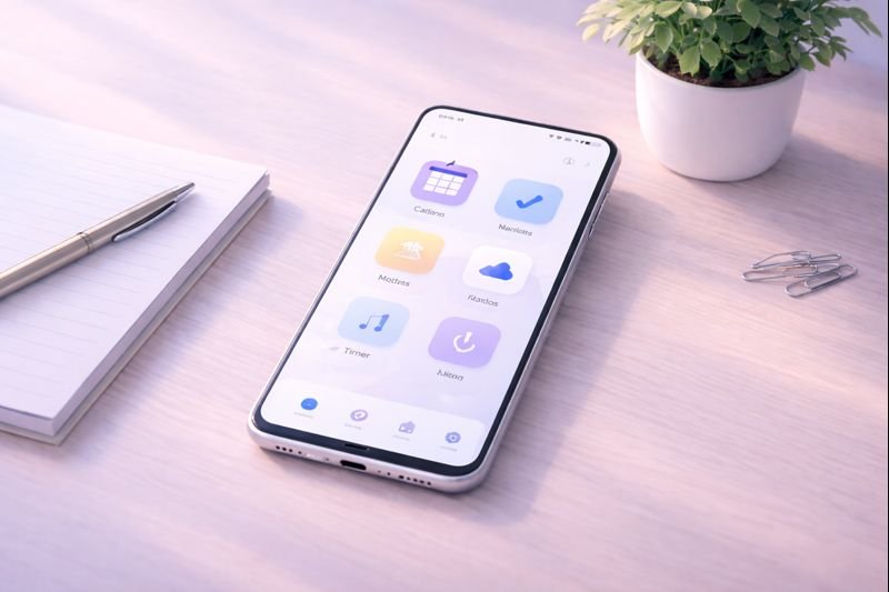 a minimal app screen with no login prompts, simple icons, and calm colors