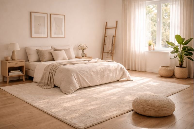 a minimal, calm bedroom scene with open floor space, soft shadows, neutral colors