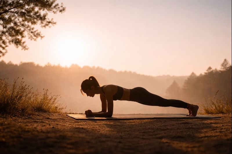 a minimal outdoor scene with a person silhouette exercising alone
