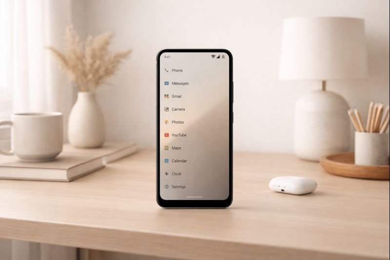 a minimalist Android home screen with text-based app list, muted colors, no widgets