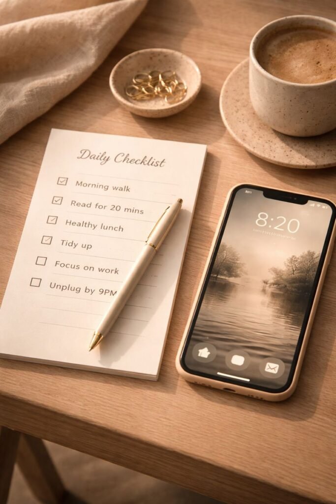 a minimalist checklist beside a phone, soft lighting, sense of intention