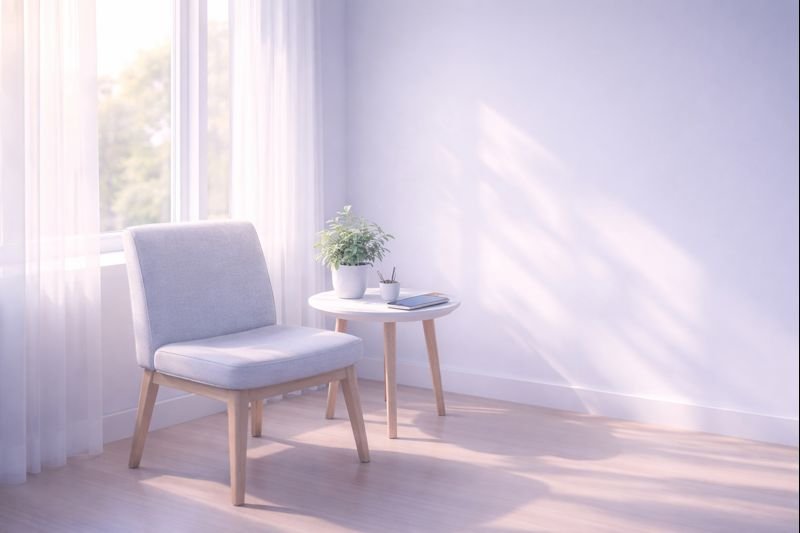 a minimalist interior with soft shadows, a chair near a window, empty space suggesting mental clarity
