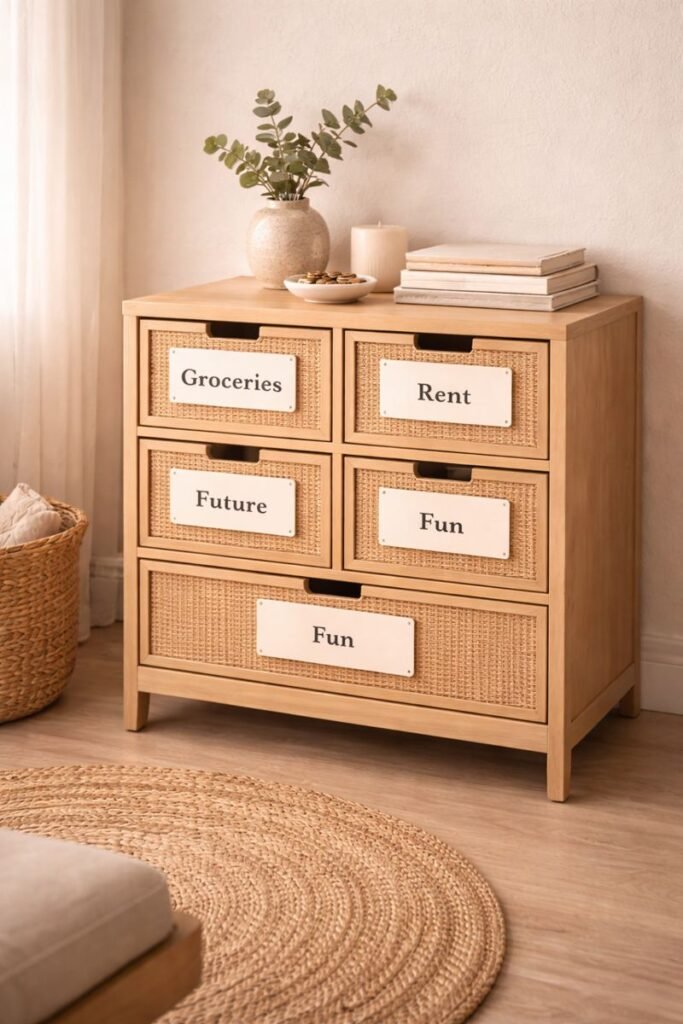 a neat set of drawers with simple labels like “groceries,” “rent,” “future,” and “fun,” softly lit