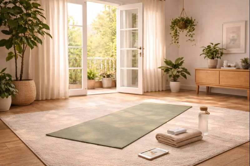 a peaceful home workout scene with open windows and plants