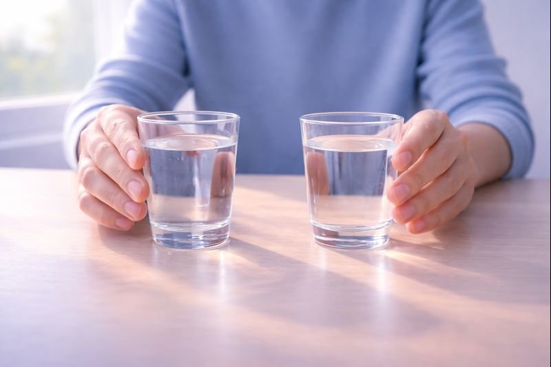 a person choosing between two glasses of water, soft light, reflective mood