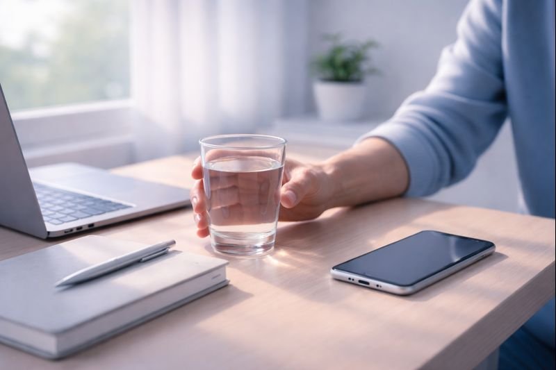 a person reaching for a glass of water during a work break, natural light, candid and calm