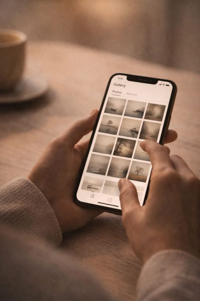 a person scrolling photos calmly, hands relaxed, soft ambient light