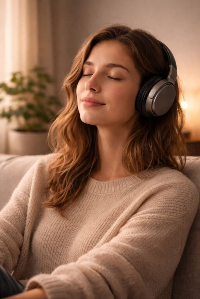 a person sitting calmly with headphones, eyes closed, soft ambient light