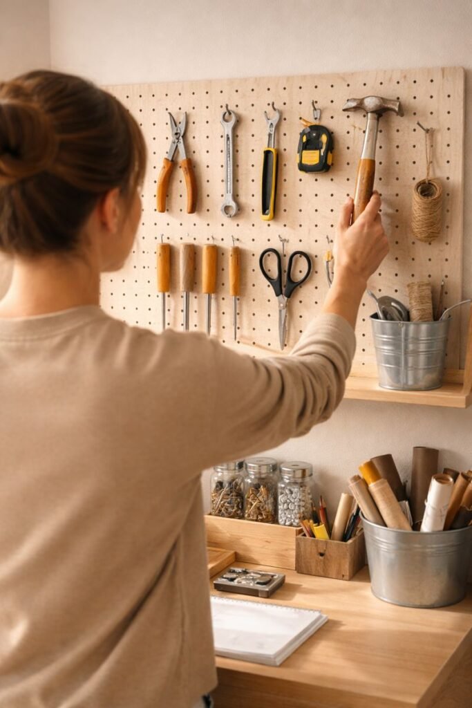 a person standing calmly in front of a shelf of simple tools, choosing one, soft shadows