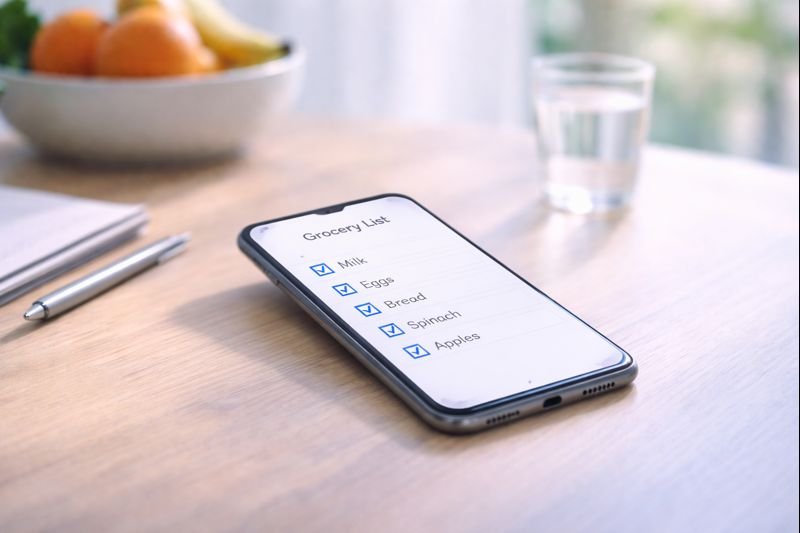 phone displaying a clean grocery checklist with simple typography, resting on a wooden kitchen surface