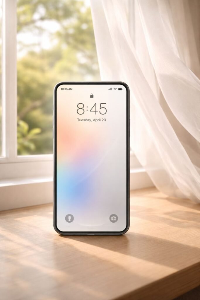 a phone locked screen beside an open window and flowing curtains