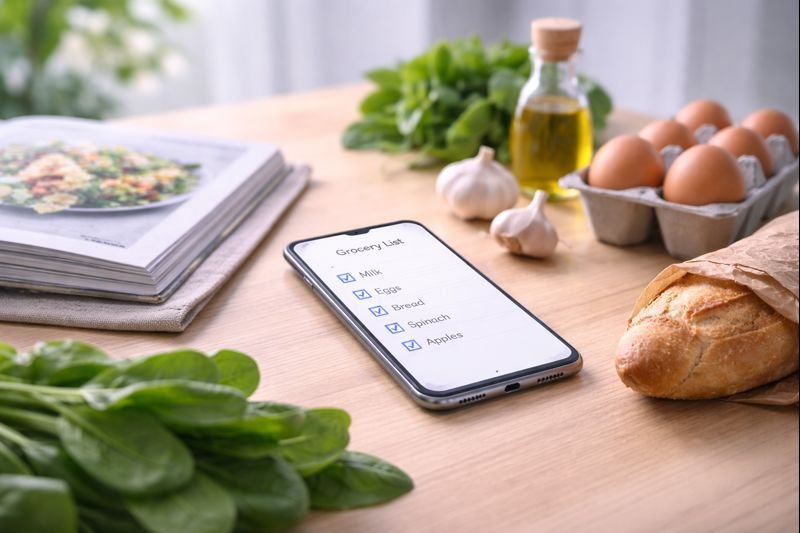 a phone next to a cookbook and groceries, soft daylight, sense of gentle preparation
