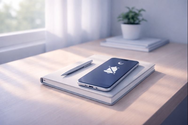 a phone on silent mode beside a notebook, soft shadows, muted tones, peaceful workspace