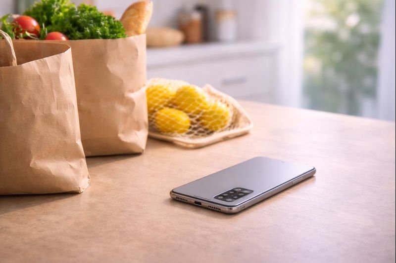 a phone placed face down on a kitchen counter, grocery bags nearby, peaceful atmosphere