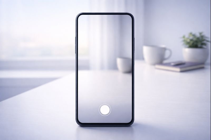 a phone screen showing a clean camera viewfinder with only a shutter button, no extra icons, in a softly lit room