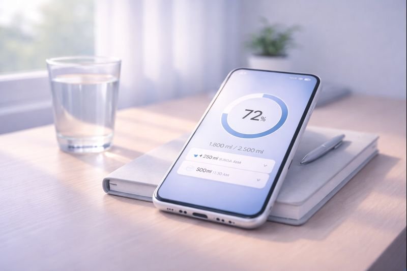 a phone showing a soft progress ring for hydration, subtle colors, calm design