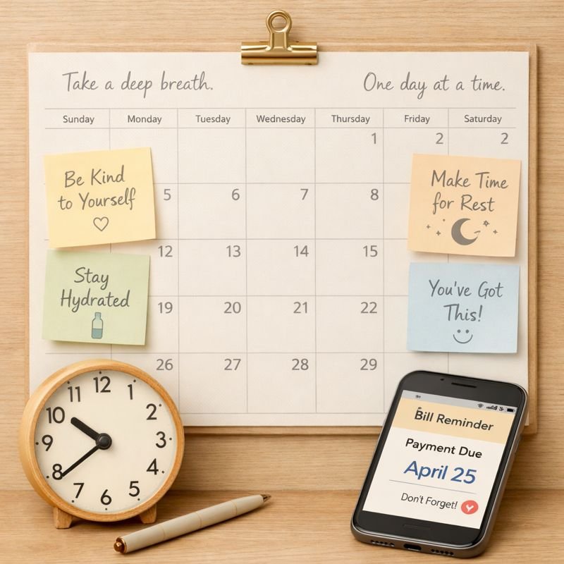a quiet calendar page with gentle reminders, a small clock, and a phone showing a bill due date