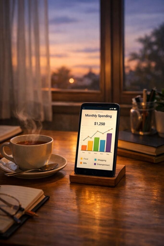 a quiet desk at dusk with a phone screen showing a simple spending chart, a cup of tea, and soft window light