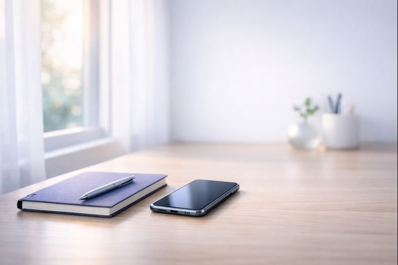 a quiet desk by a window with a phone resting beside a notebook, soft morning light, minimal objects, sense of calm and space
