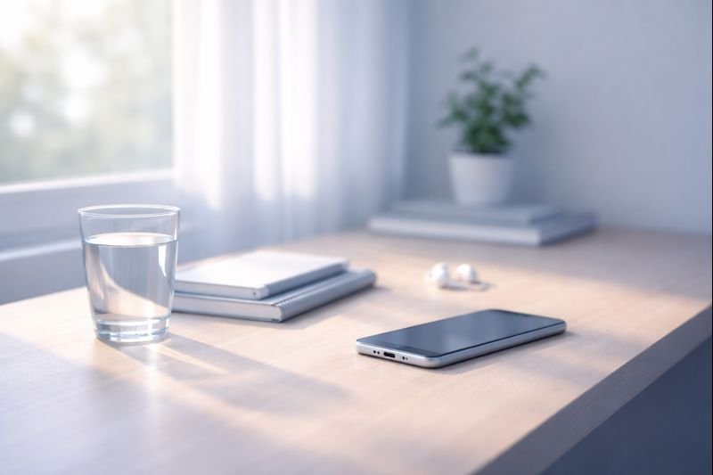 a quiet desk near a window, a glass of water catching soft morning light, minimal objects, calm atmosphere