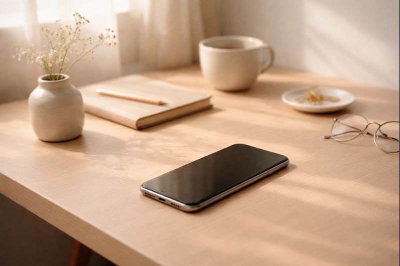 a quiet desk with a phone resting face-up, soft morning light, minimal objects, calm atmosphere