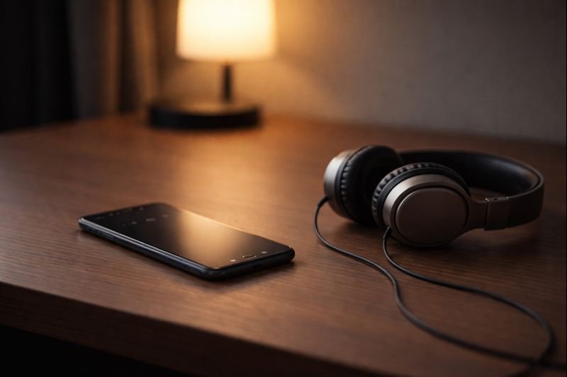 a quiet desk with a single phone, soft light, and headphones resting beside it