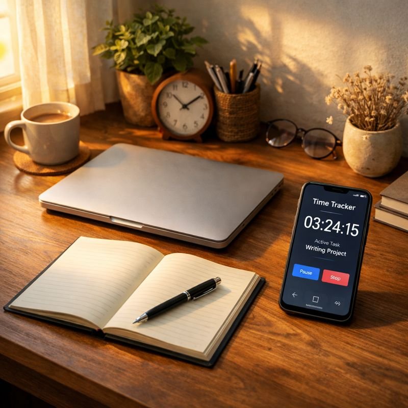 a quiet freelance workspace with a laptop closed, a phone showing a time tracking app, a notebook, and soft morning light coming through a window