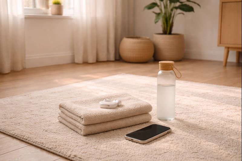 a quiet home corner with a folded towel, water bottle, and phone on the floor
