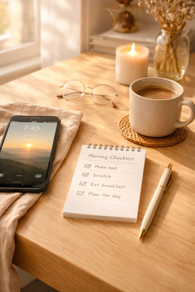 a quiet morning routine with a phone, a small checklist, and soft sunlight on a tabletop