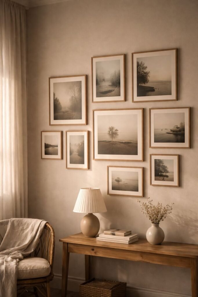 a quiet room with framed photographs on a wall, soft shadows, muted colors, sense of stillness