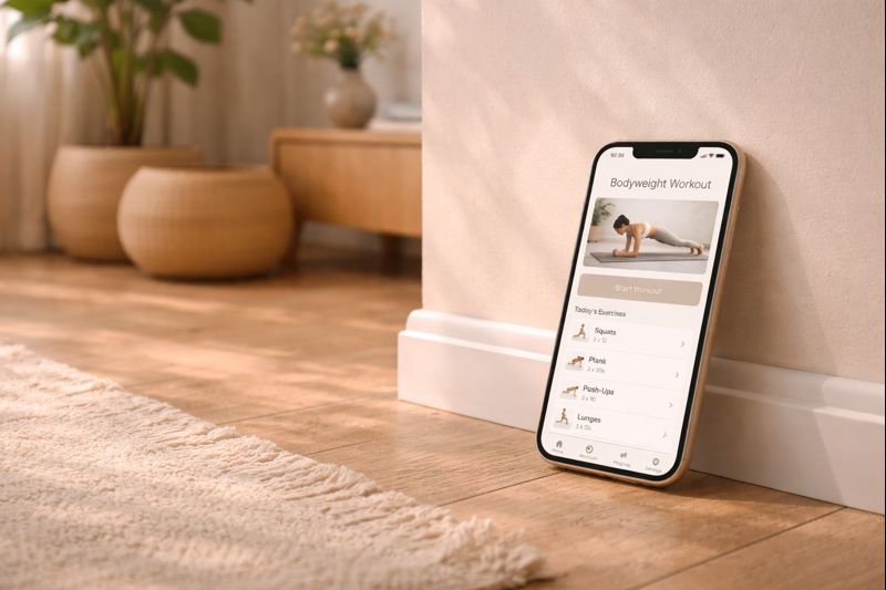 a serene indoor space with sunlight, a phone leaning against a wall