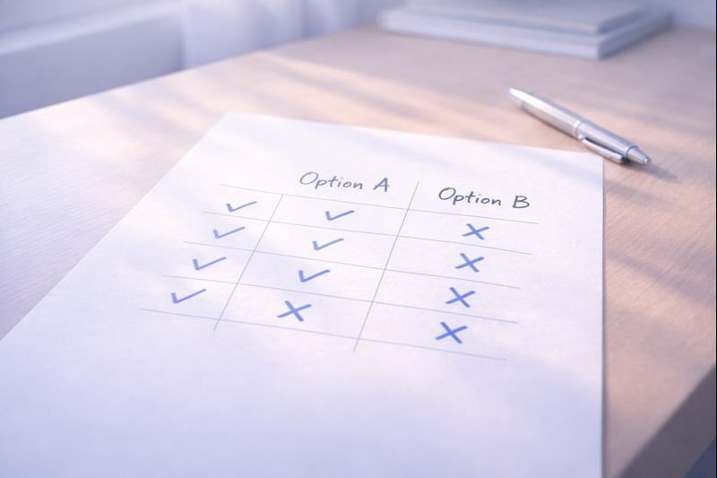 a simple comparison table on paper, handwritten style, minimal design