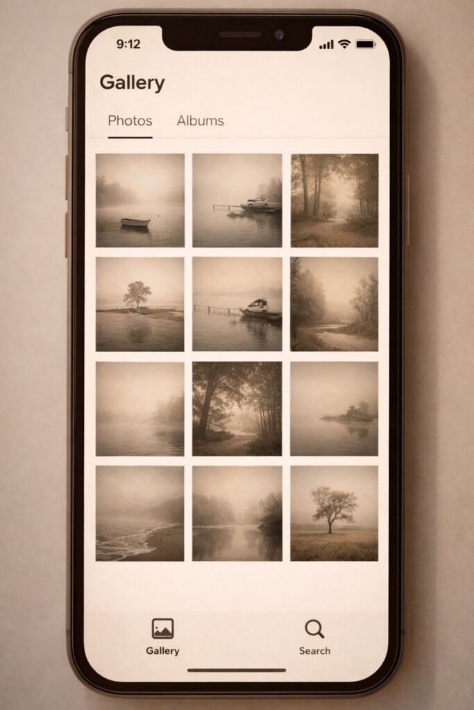 a simple gallery app interface with neutral colors and no UI clutter