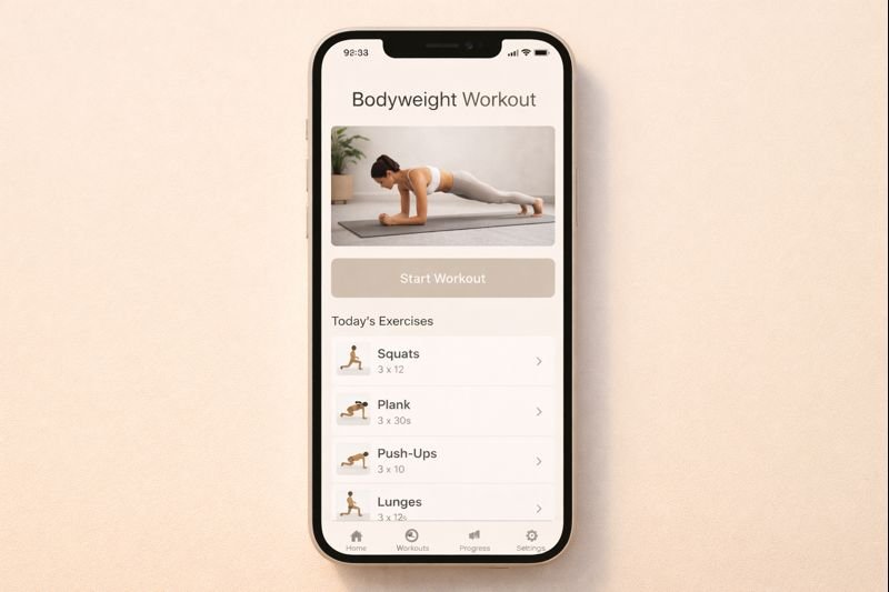 a simple phone screen mockup with a bodyweight workout app, neutral tones